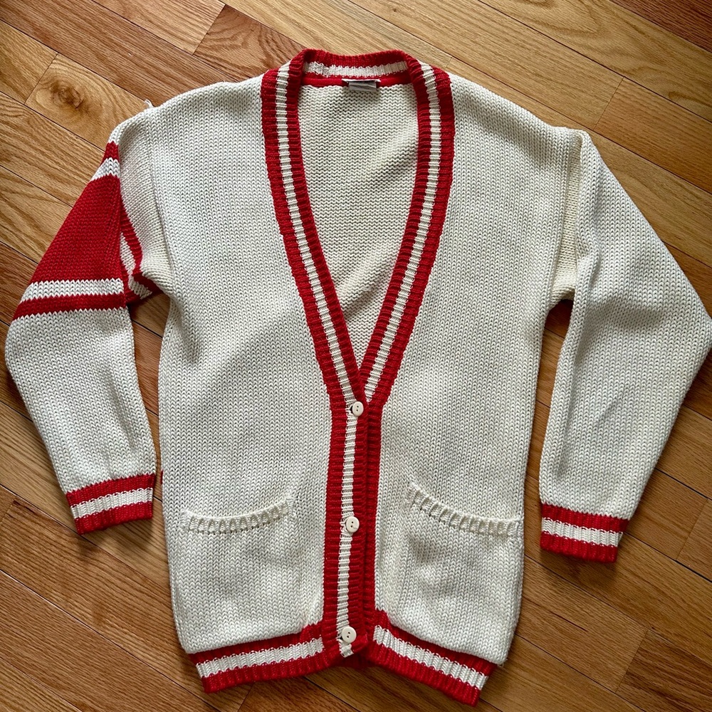 Women's Knit Cardigan with Red Trim Sz S ***see pics for imperfections